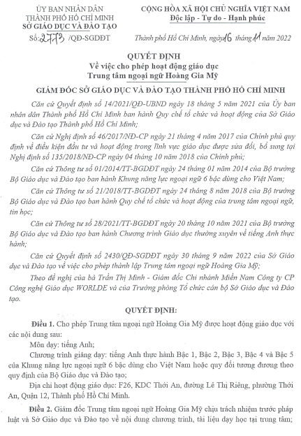 Giấy phép hoạt động